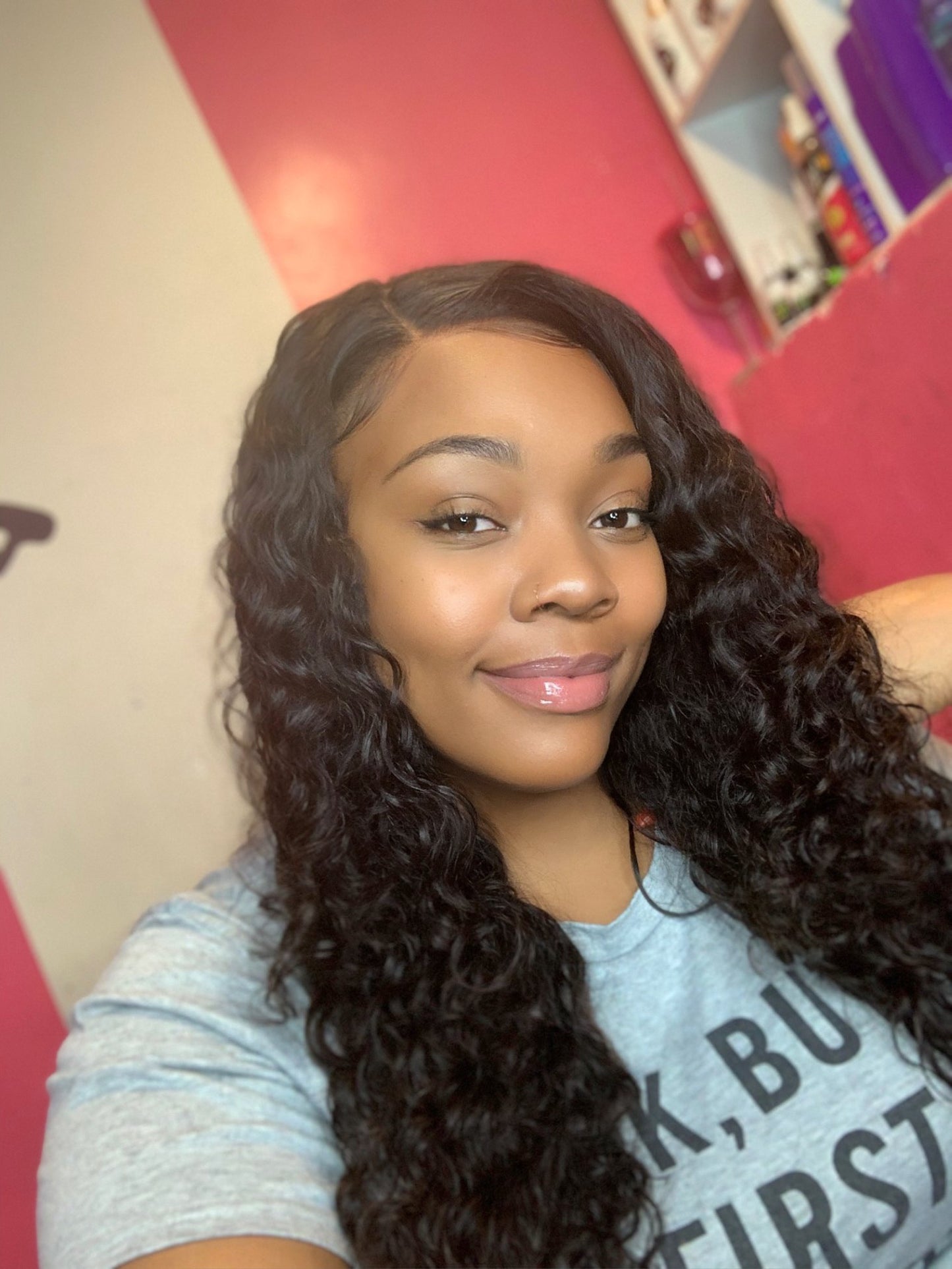 custom curly wig selfie