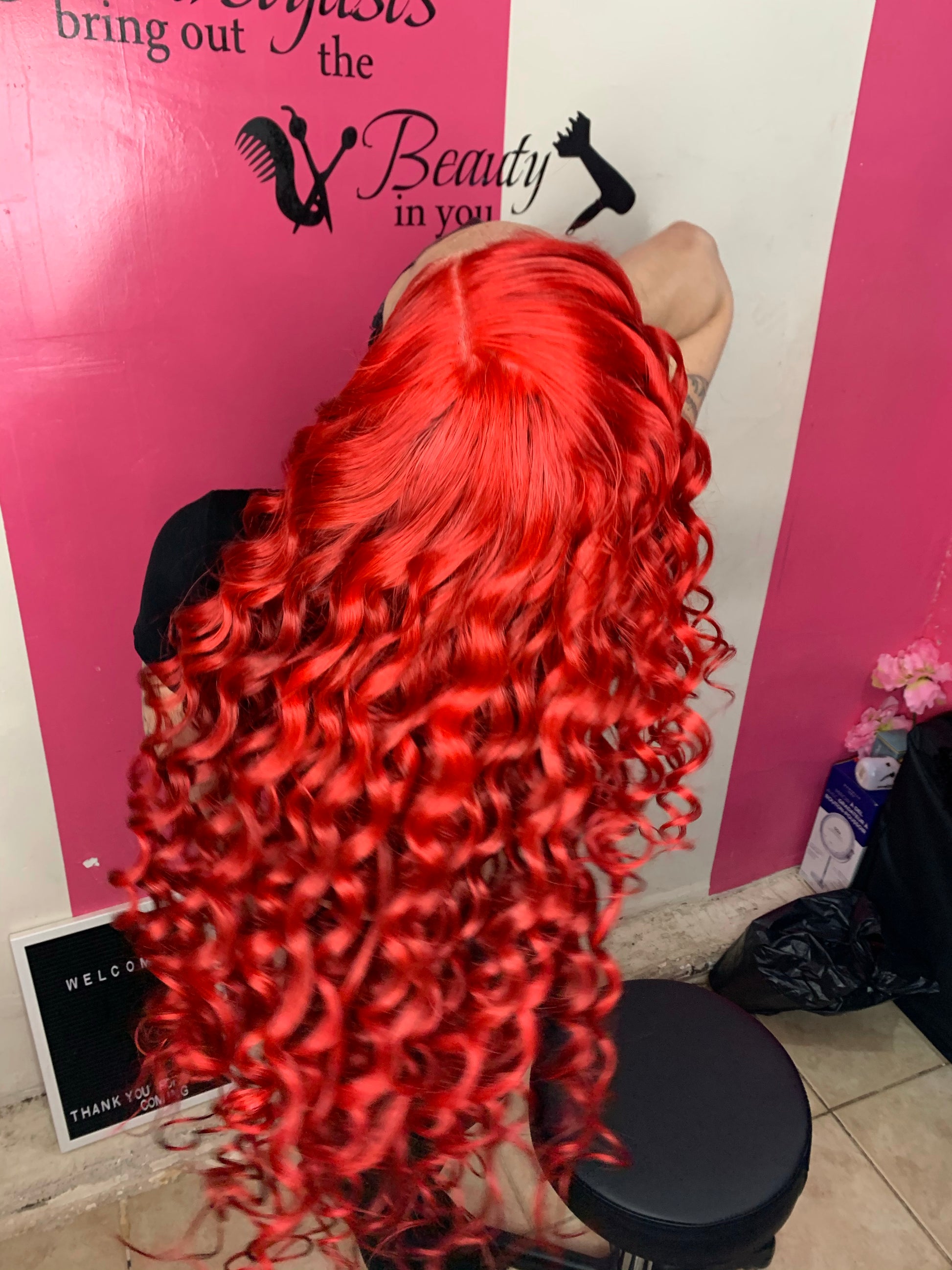 red lace frontal install with wand curls